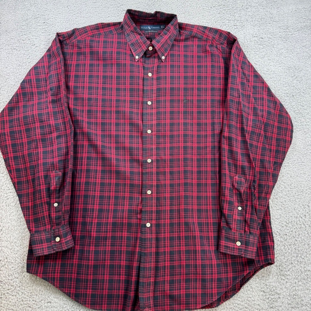 Ralph Lauren Blake Mens Large Red‎ Black Plaid 100% Cotton Button Down Shirt